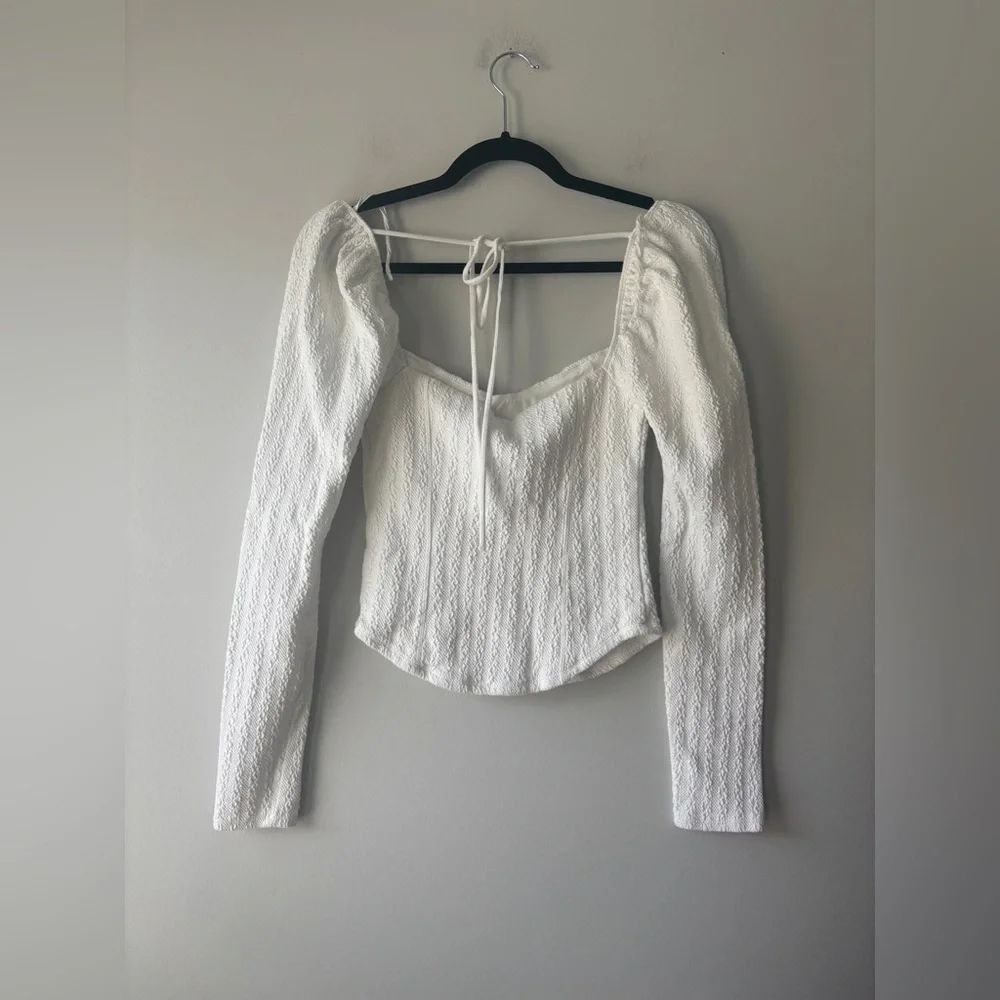 Free‎ People Brittany White Ribbed Puff Sleeve Longsleeve Top Size Small